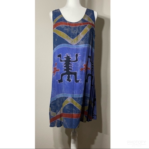 Unique Funky Aztec Inspired Rayon Blue Sleeveless Boho Travel Dress One Size - Picture 1 of 6